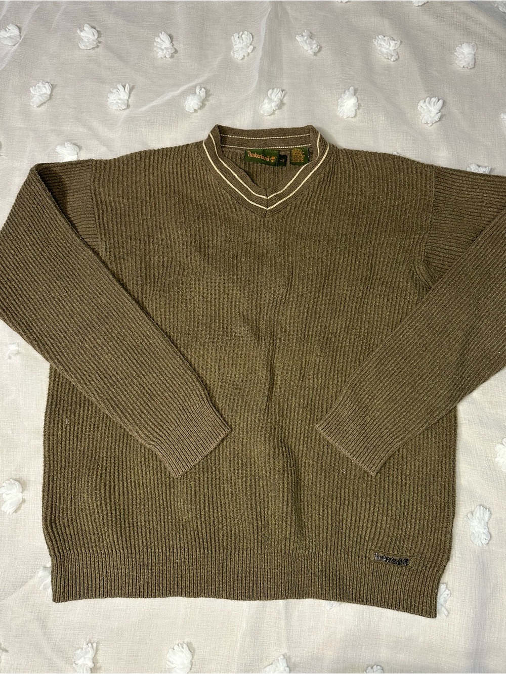 Timberland Men's Olive Ribbed V‑Neck Sweater with Contrast Trim